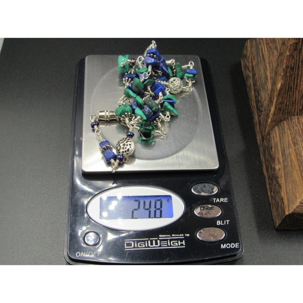20" Sterling Silver Malachite Lapis Lazuli Sun Pendant Necklace Vintage - Picture 9 of 9